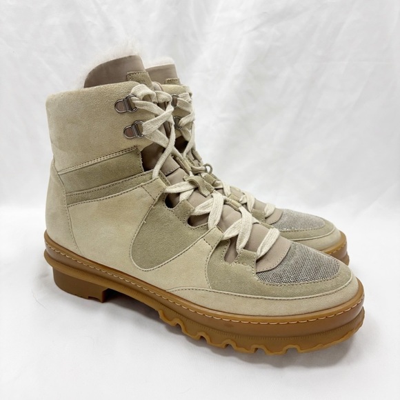 Brunello Cucinelli Suede Metallic Shearling Lined Lace Up Boots Cream EU 40.5